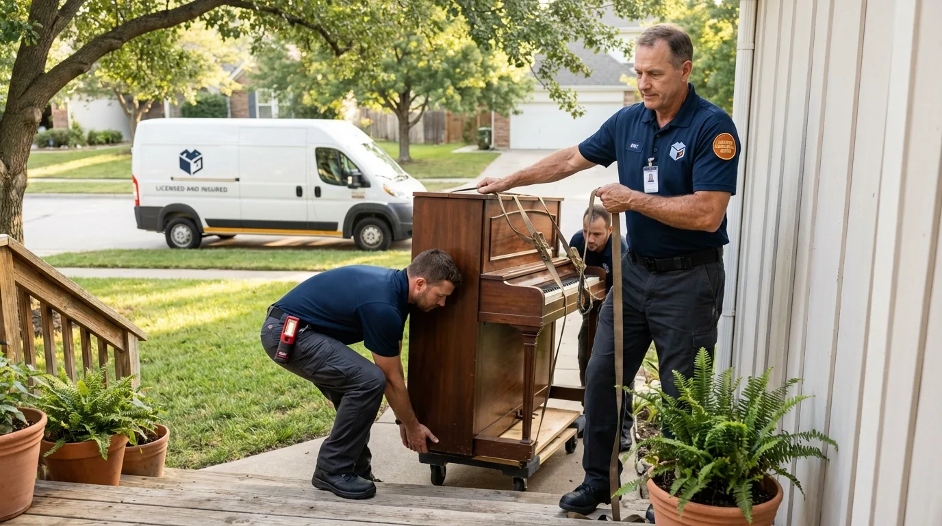 Licensed piano movers securing grand piano in Minneapolis, KS