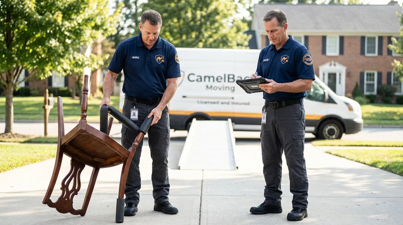 Movers inspecting furniture for damage prevention before loading in Minneapolis, KS